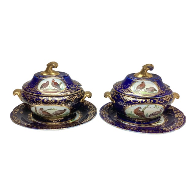 Pair Antique Coalport Porcelain Cobalt With Birds Covered Sauce Tureens With Under Plates For Sale