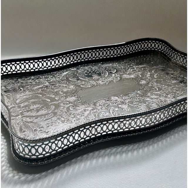 Vintage Sheffield England Rimmed Silver Plated Copper Tray For Sale - Image 10 of 18
