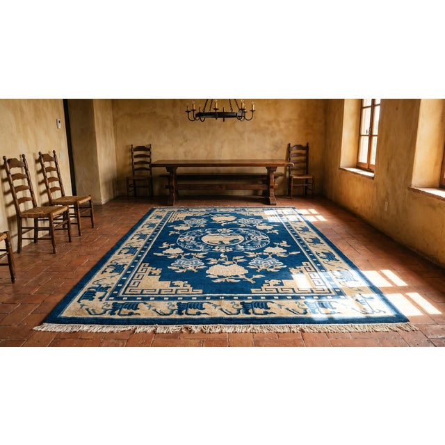 1800s Blue Navy Medallion Foo Dog Antique Chinese Ningxia Rug 4'10" X 6'9" Handknotted Wool Carpet For Sale In New York - Image 6 of 8