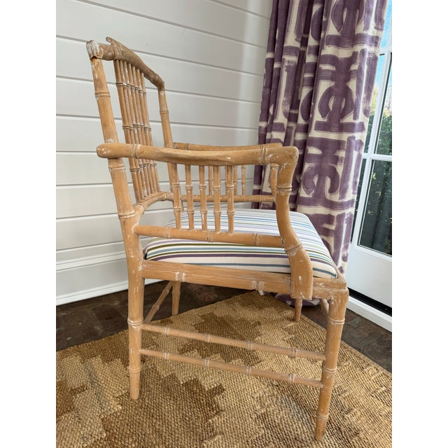 Shabby Chic John Rosselli Bamboo White Washed Arm Chair With Striped Cushion Seat For Sale - Image 3 of 14