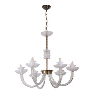 Vintage 6 Arm Murano Style Clear & White Latticino Glass Chandelier For Sale
