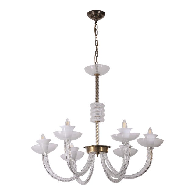 Vintage 6 Arm Murano Style Clear & White Latticino Glass Chandelier For Sale