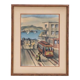 Jack Laycox Watercolor San Francisco Trolley Circa 1960s Framed Signed For Sale