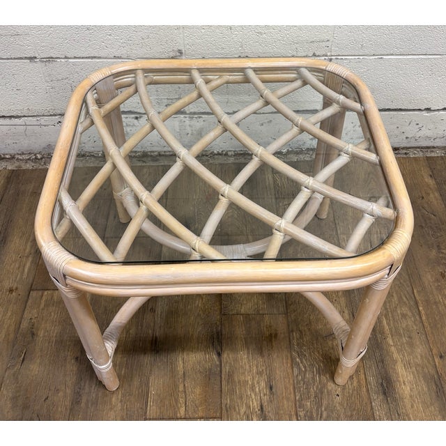 Vintage MCM Style Organic Coastal Rattan Bamboo Glass End Table or Nightstand For Sale - Image 9 of 10