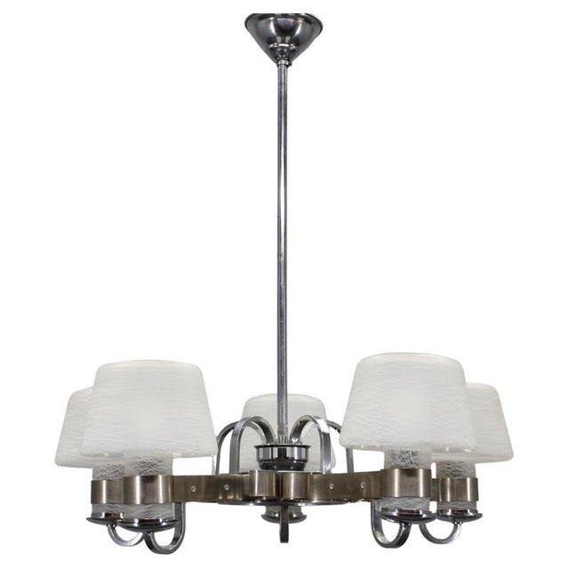 Art Deco Nickel Chandelier with Textured Glass, Czechoslovakia, 1930s For Sale - Image 17 of 17