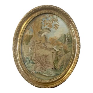 1800 George III Silk Embroidery of a Shepherdess with Her Sheep in Original Brass Frame For Sale