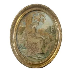 1800 George III Silk Embroidery of a Shepherdess with Her Sheep in Original Brass Frame
