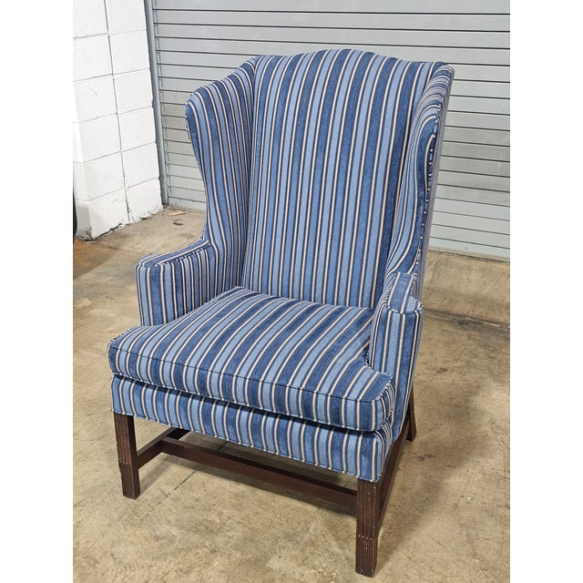 Late 20th Century Late 20th Century Stickley Mahogany Williamsburg Mahogany Wingback Chair Schumacher Fabric For Sale - Image 5 of 11