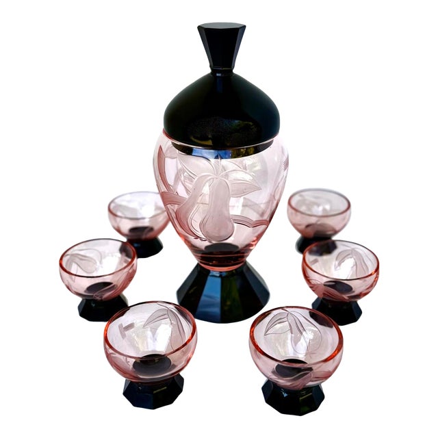 1930s Set of Art Deco Pink & Black Crystal Decanter & (6) Glasses. Czechoslovakia; Circa 1930 - Set of 7 For Sale