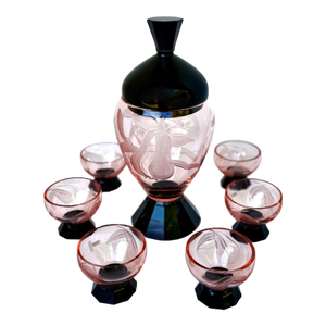 1930s Set of Art Deco Pink & Black Crystal Decanter & (6) Glasses. Czechoslovakia; Circa 1930 - Set of 7