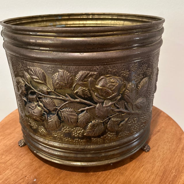 Vintage Claw Footed Embossed Aged Brass Planter/Jardiniere With Grape and Vine Clusters For Sale - Image 9 of 12