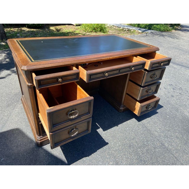 Mid-Century Modern Vintage Sligh Furniture Leather Top Mid Century Modern Campaign Executive Desk For Sale - Image 3 of 12