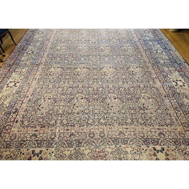 19th Century Oversized Persian Kerman Lavar Rug, Hand-Knotted Wool, Allover Tree of Life Pattern, Royal-Blue & Ivory, 14’ X 18’ For Sale - Image 9 of 17