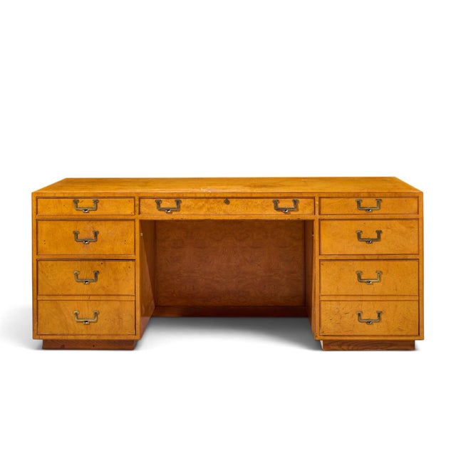 John Widdicomb Mid Century Burlwood and Brass Campaign Executive Desk This desk measures: 72 wide x 36 deep x 29.5 high,...