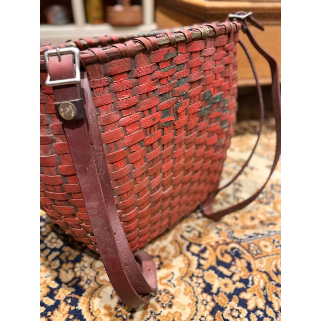 Rare Antique Apple Picking Basket With Leather Straps and Original Red Paint For Sale - Image 13 of 16
