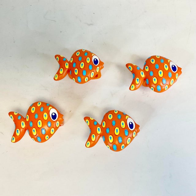 Plastic Mid-Century Boho Chic Coastal Palm Beach Chic Fish Napkin Rings - Set of 4. For Sale - Image 7 of 8