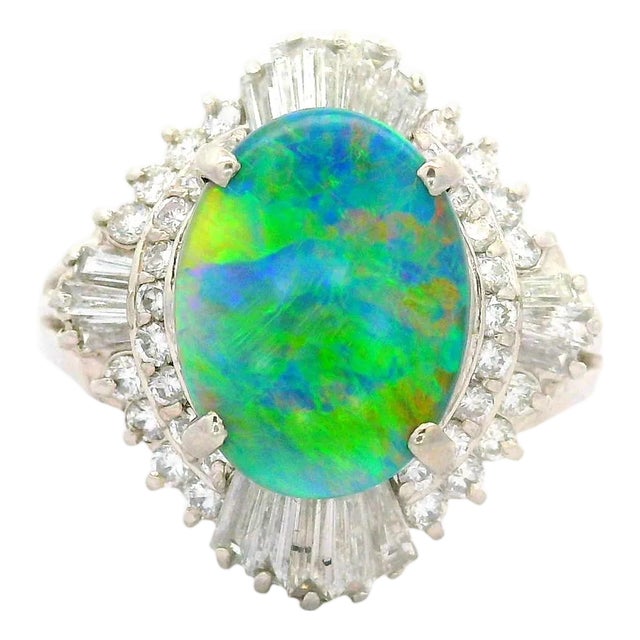 1.75 Carat Australian Black Opal Diamond Platinum Ballerina Ring, Size 6.75 For Sale