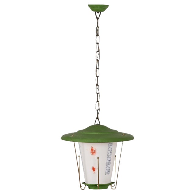 Mid-Century Italian Round Opaline Glass and Brass Green Lantern Chandelier, 1950s For Sale