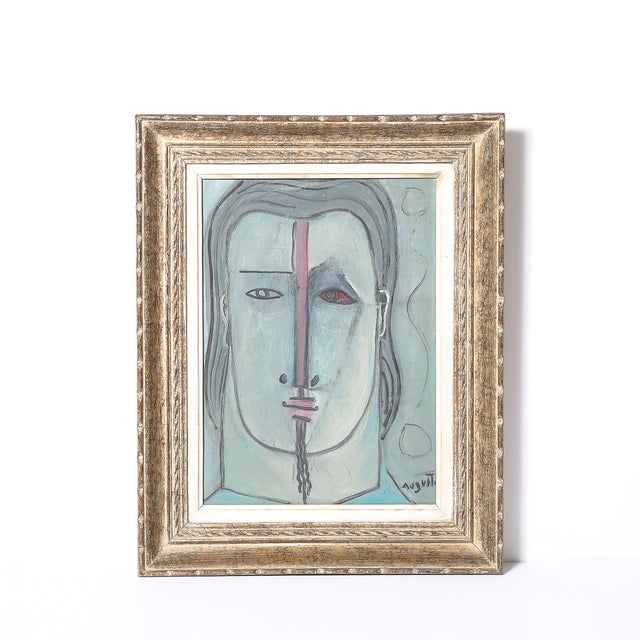 This sophisticated and beautifully painted Mid-Century Modernist Abstract Cubist Portrait in Oil on Canvas signed Augusti...