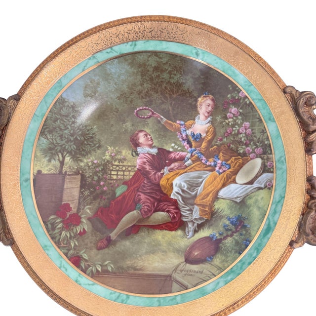Vintage French L’etoile Limoges porcelain handled tray featuring a romantic Fragonard-inspired courting scene with lavish...