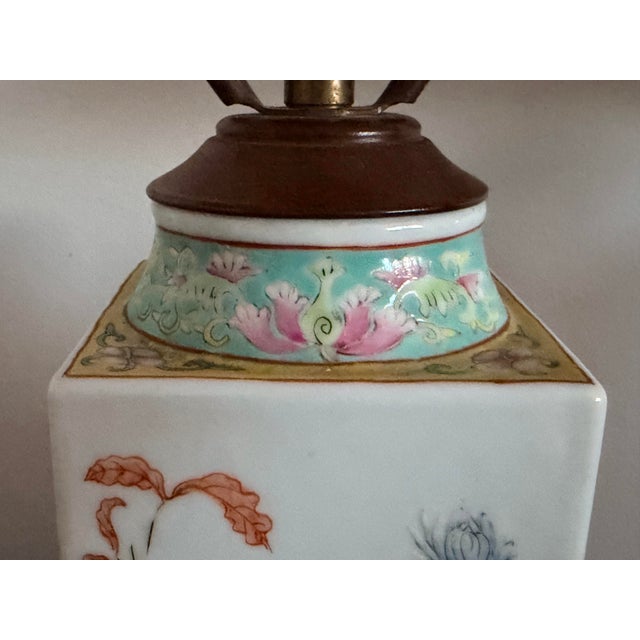 Sky Blue Pair of Colorful Chinoiserie Floral Lamps With Silk Shades For Sale - Image 8 of 10