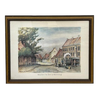 Vintage Framed European Market Street Scene Print by Henry Van Den Bogaard For Sale