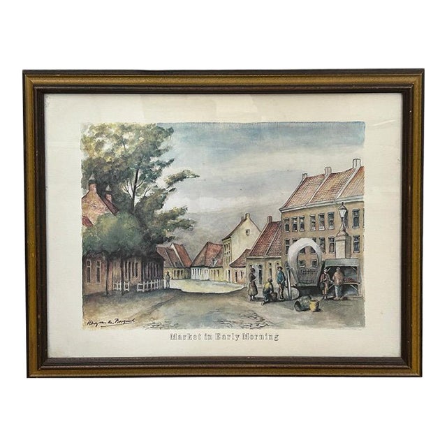 Vintage Framed European Market Street Scene Print by Henry Van Den Bogaard For Sale
