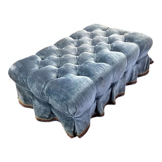 Early 21st Century Blue Velvet Tufted Sherrill Living Room Ottoman For Sale