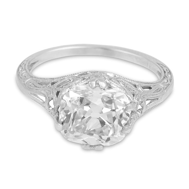 Art Deco 1920s Art Deco Gia 3.02 Carat Old Mine Cut Diamond Filigree Engagement Ring, Size 7 For Sale - Image 3 of 7