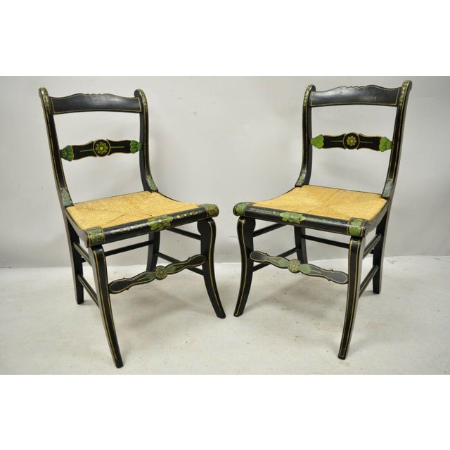 19th Century Antique Hitchcock Style Black Hand Painted Rush Seat Side