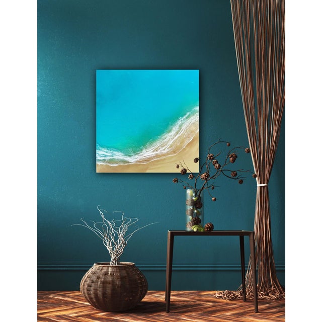 Abstract Everglowing Ocean by Ana Hefco | Layered tinted resin on wood panel Abstract ocean view with sandy shore. For Sale - Image 3 of 5