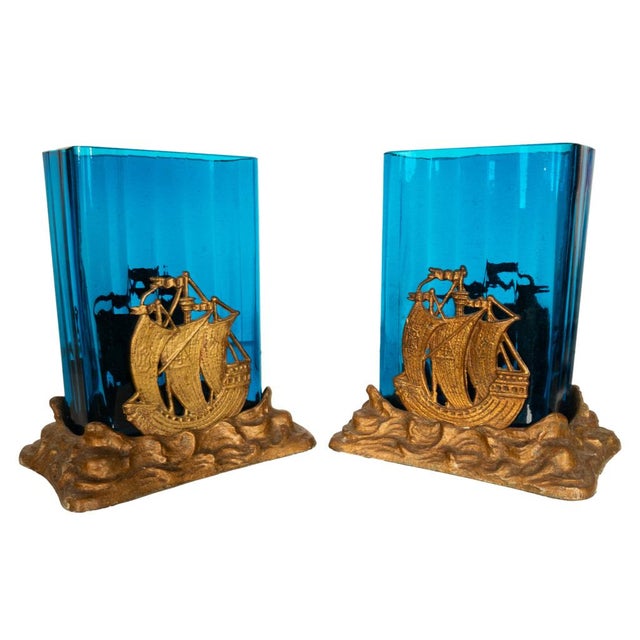 Bradley Hubbard Antique American Art Deco Brass Glass Vases Ship Bookends Bradley & Hubbard 1925 For Sale - Image 4 of 13