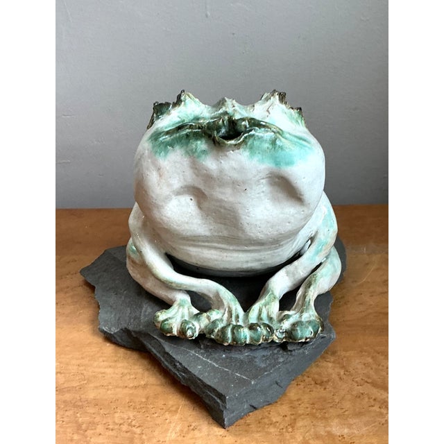 Stone Vintage Ceramic Frog Sculpture on Stone Base For Sale - Image 7 of 14
