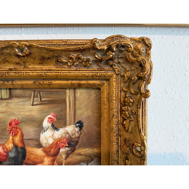 Vintage Signed Rooster and Chickens Oil Painting Farmyard Hen Scene, Gold Frame For Sale - Image 12 of 12