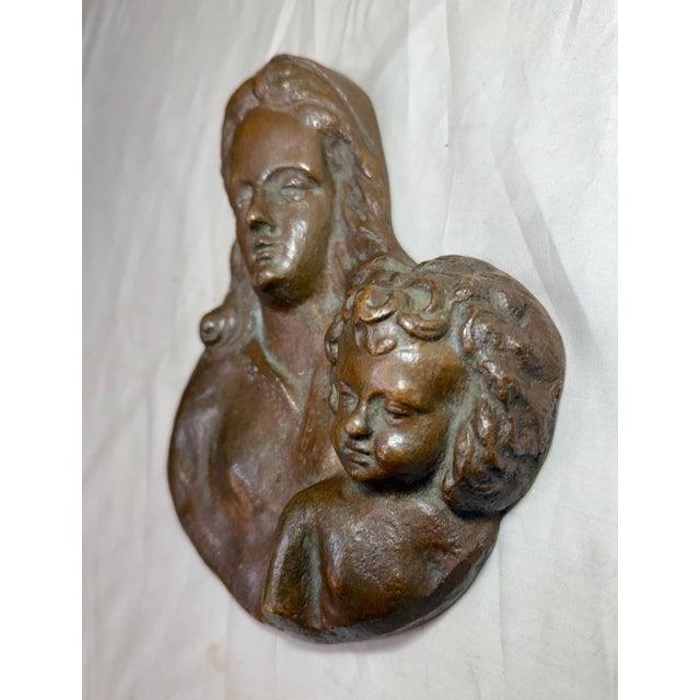 Metal Antique A. Wallrae Thick Heavy Cast Bronze Religious Baby Jesus Mary Wall Plaque For Sale - Image 7 of 13
