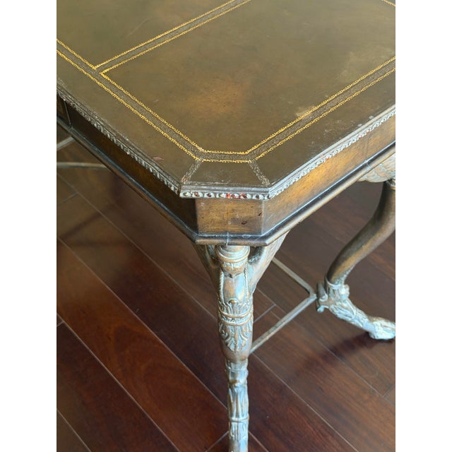 Vintage Egyptian Revival Leather Top Console Table Desk With Winged Woman Caryatid Sphinx Base For Sale - Image 9 of 11