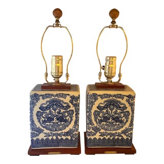 Ralph Lauren Blue and White Porcelain Koi Table Lamps - a Pair For Sale