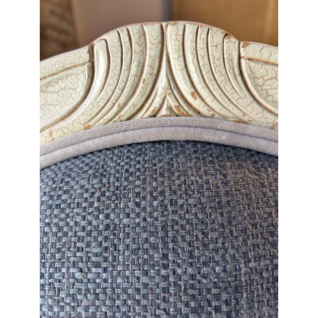 French Country Oversized French Louis XVI Style Distressed Off-White & Slate Blue Upholstered Armchair For Sale - Image 3 of 12