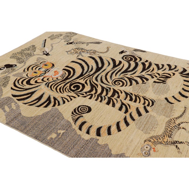 Rug & Kilim Rug & Kilim’s Contemporary Tiger Rug With Beige, Gold and Brown Pictorials For Sale - Image 4 of 7