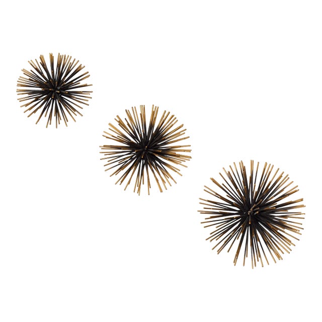 Set of 3 Vintage Curtis Jeré Style Plated Starburst Sputnik Pom Pom Sea Urchin Wall Sculptures For Sale