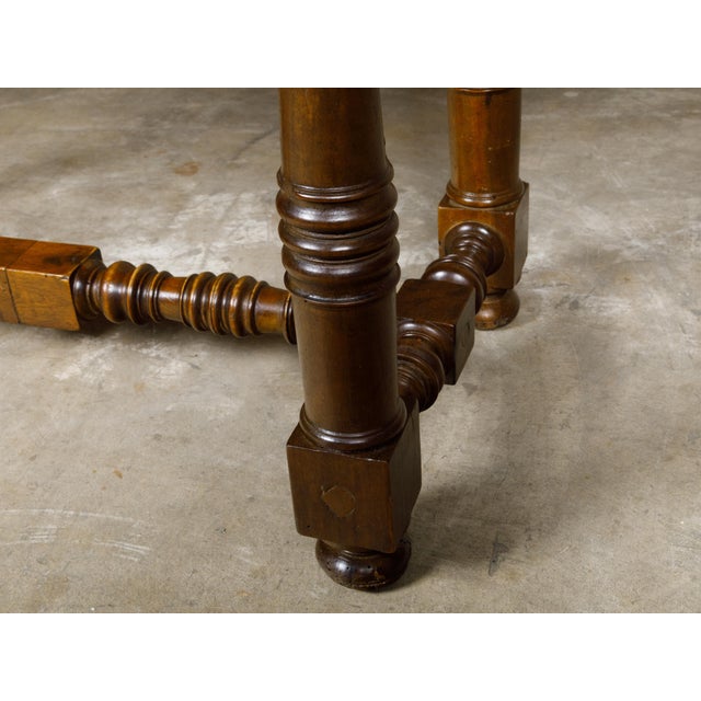 Brown Italian 1800s Walnut Baroque Style Spool Table with H-Form Cross Stretcher For Sale - Image 8 of 12