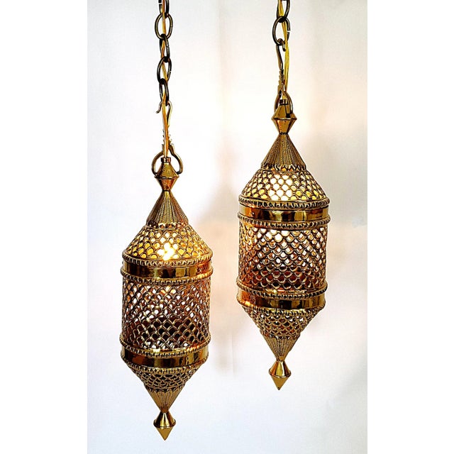 Modern Lamp Pair Brass Pendant Lights Restored For Sale - Image 3 of 14