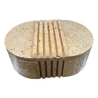 Fratelli Mannelli Italian Travertine Oval Box With Sculpted Lid For Sale