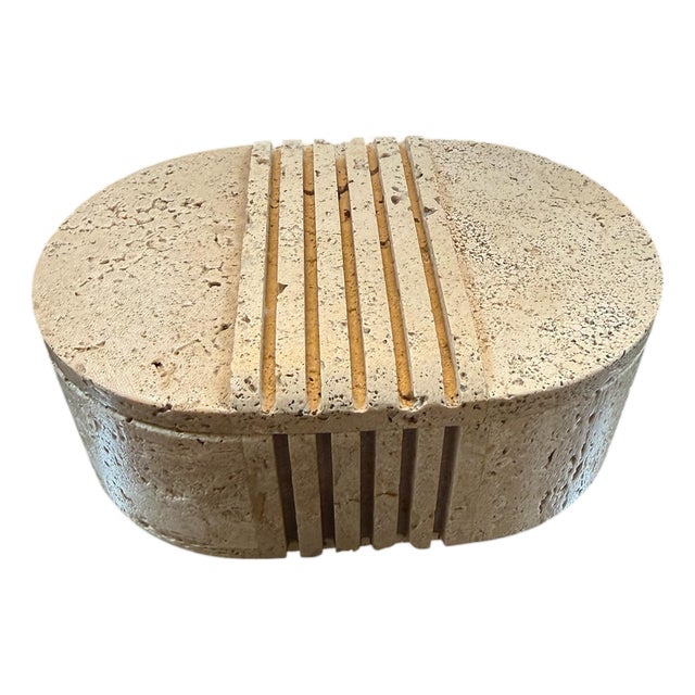 Fratelli Mannelli Italian Travertine Oval Box With Sculpted Lid For Sale