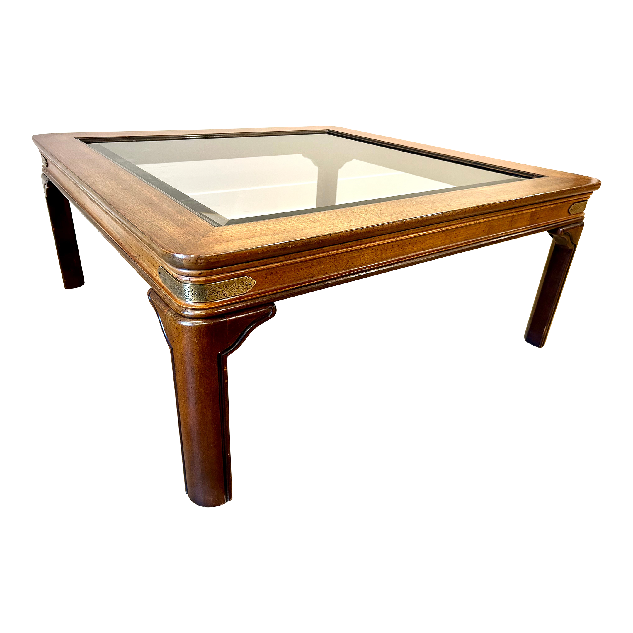 Vintage Walnut and Brass Square Campaign Glass Top Coffee Table