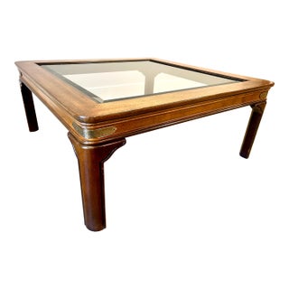 Vintage Walnut and Brass Square Campaign Glass Top Coffee Table For Sale
