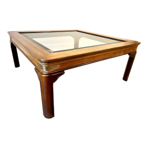 Vintage Walnut and Brass Square Campaign Glass Top Coffee Table