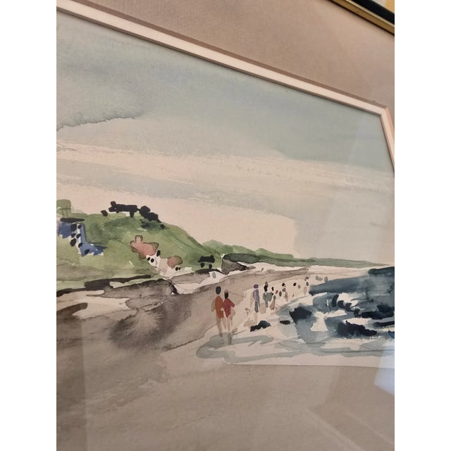 1940s Vintage Beach Painting Signed Impressionist Watercolor, Framed For Sale - Image 4 of 11