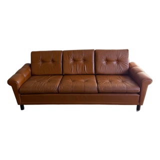 Vintage Danish Cognac Leather Sofa – Mid-Century Modern Tufted 3-Seat Couch For Sale