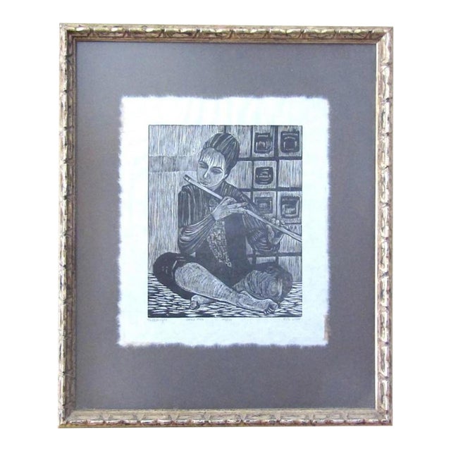 Ruth Leaf "Flute Player" Signed Woodcut Print 2nd State 145/150 Mid Century Art For Sale
